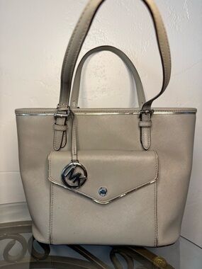 Michael Kors Taupe Saffiano Leather Tote with MK Charm